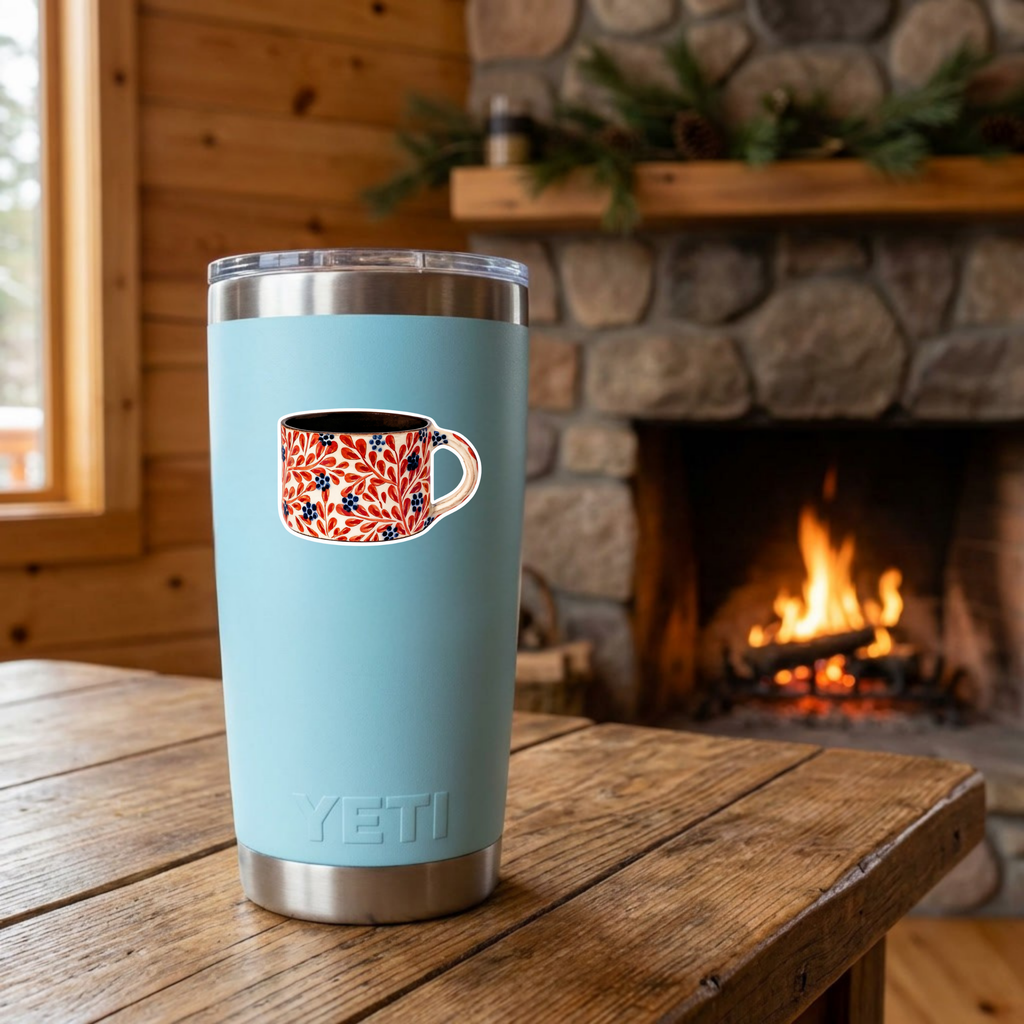Blue YETI tumbler with a floral mug design on a wooden table in front of a fireplace.