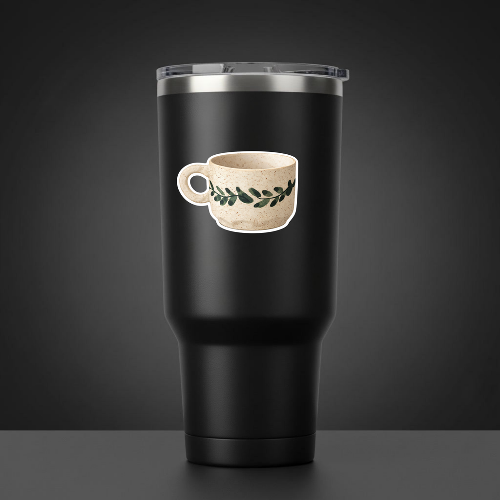 Black tumbler with a white coffee cup design featuring green leaves on a dark background