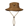 Brown bucket hat with a heart and sad face design on a white background