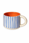 Mug with blue and white striped interior and orange exterior on a white background