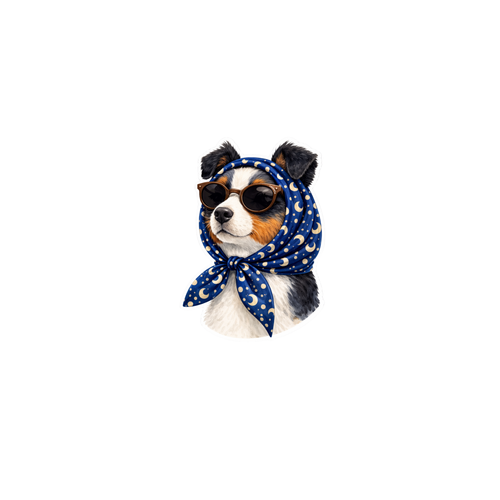 Dog wearing sunglasses and a blue bandana with white polka dots on a white background