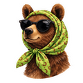 Stuffed bear toy wearing sunglasses and a green bandana on a white background
