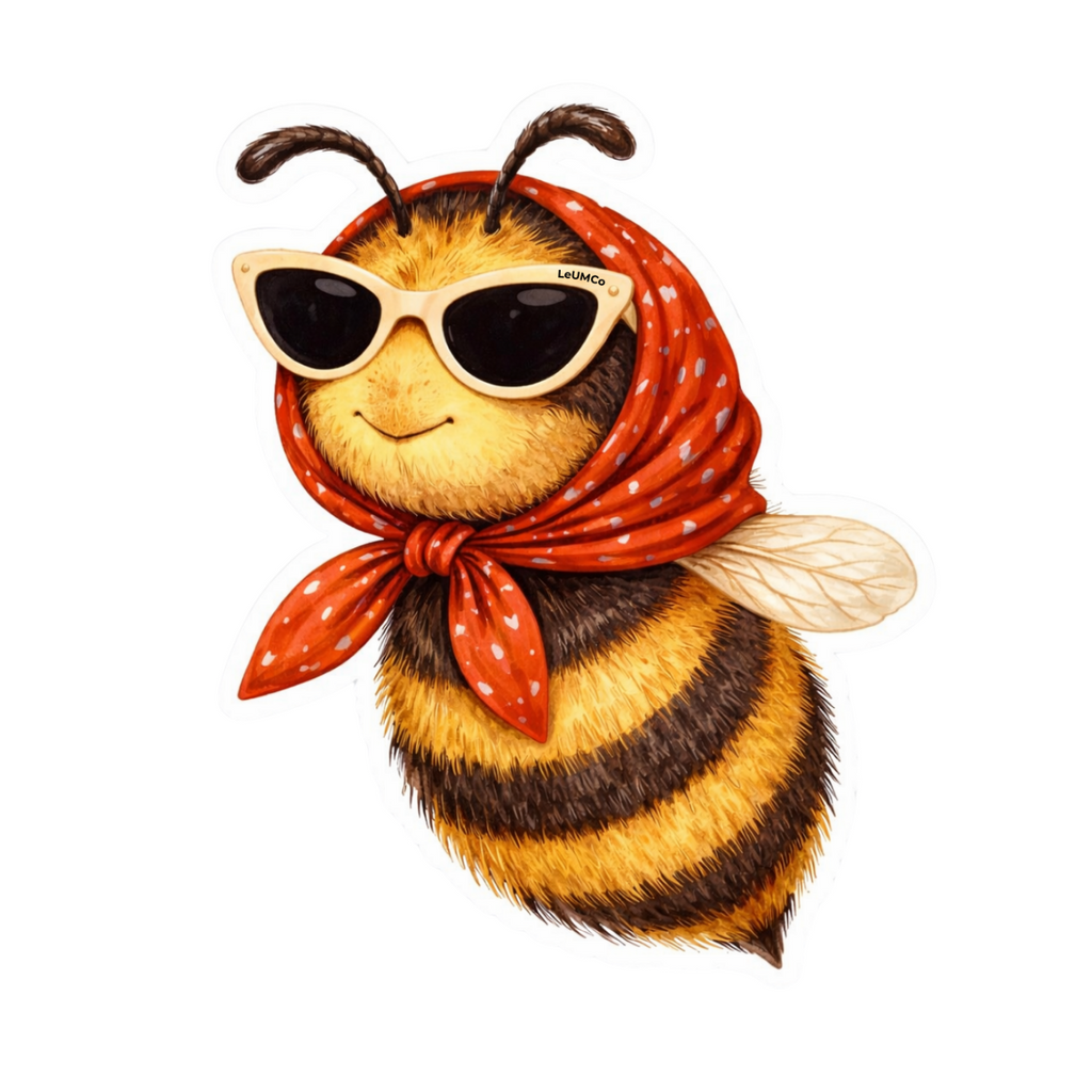 Toy bee with sunglasses and a red scarf on a white background