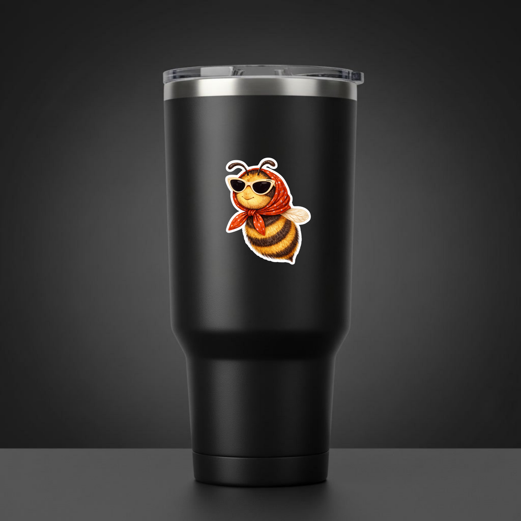 Black tumbler with a bee design wearing sunglasses and a bandana on a dark background