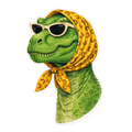 Green dinosaur wearing sunglasses and a yellow bandana on a white background