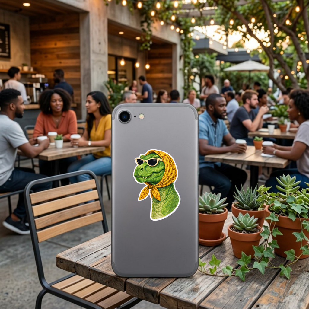 Phone case with a lizard design featuring sunglasses and a bandana on a table in an outdoor cafe.