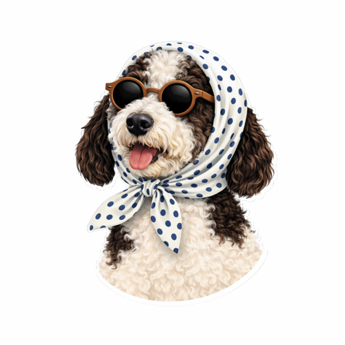 Dog wearing sunglasses and a polka dot headscarf on a white background