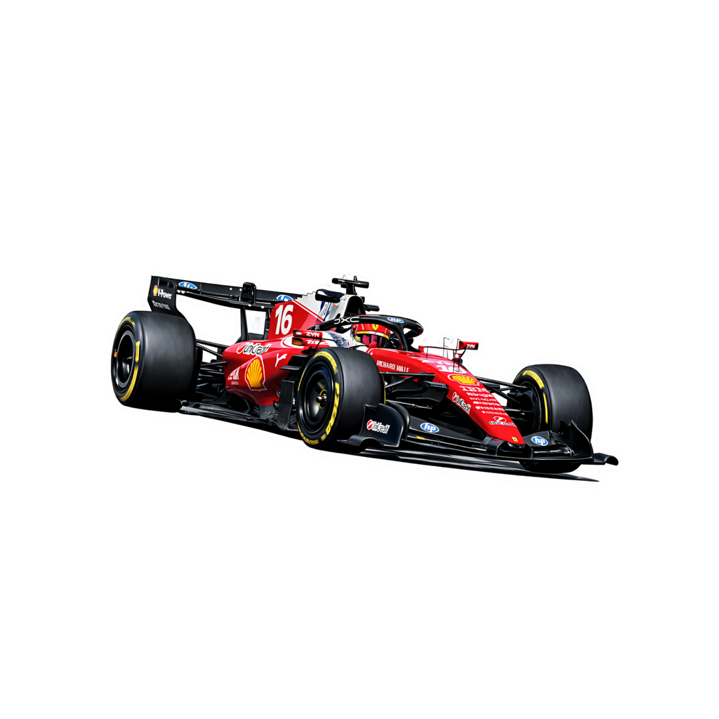 Red Formula 1 car with the number 16 on a white background