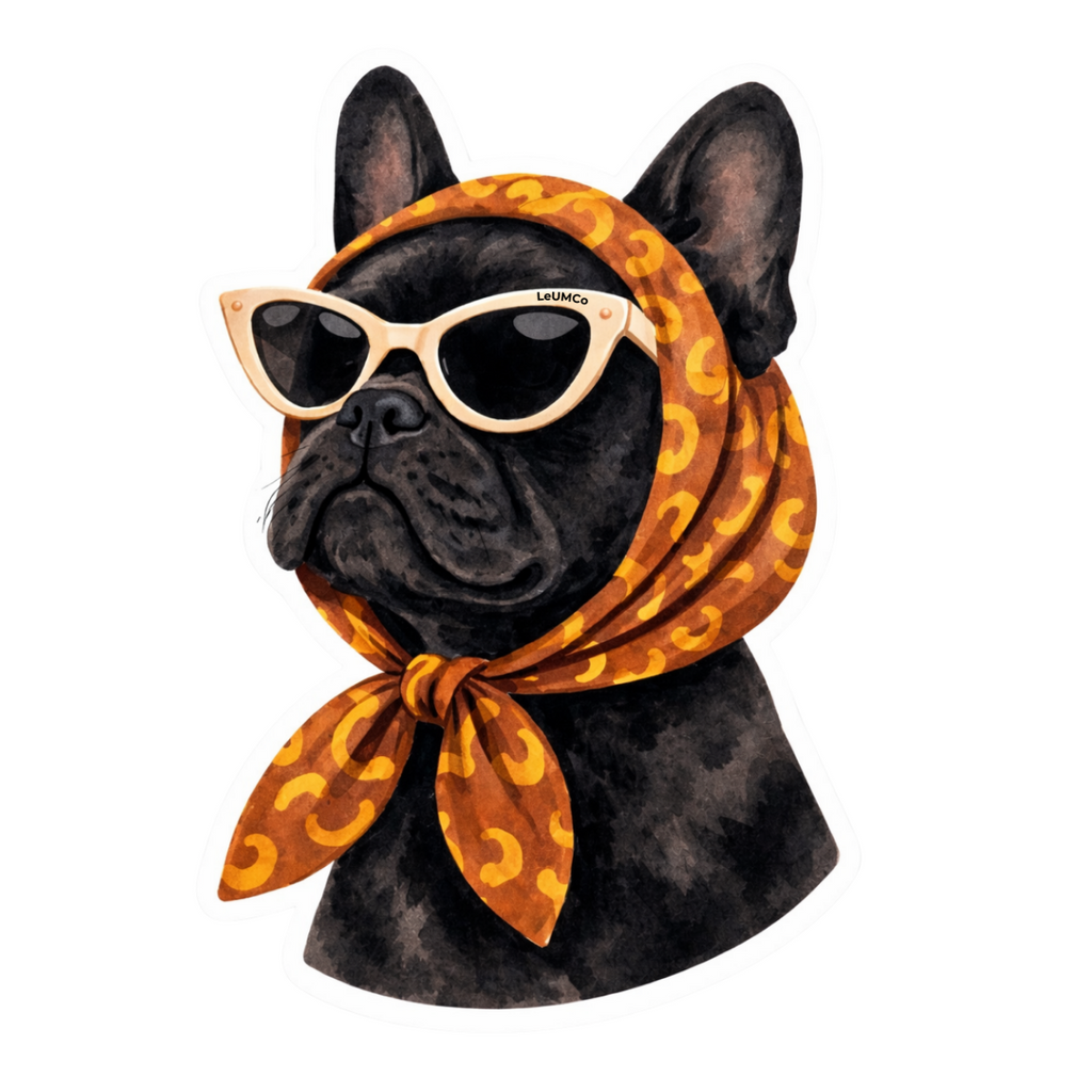Black dog wearing sunglasses and an orange bandana on a white background