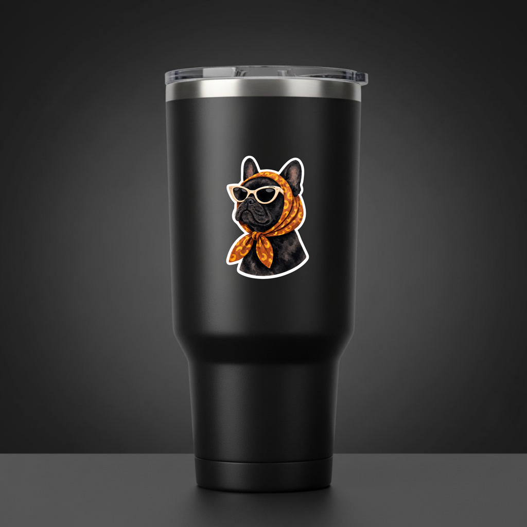 Black tumbler with a dog wearing sunglasses and a bandana on a dark background