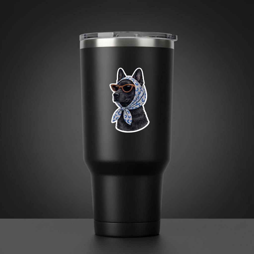 Black tumbler with a dog graphic wearing sunglasses and a bandana on a dark background