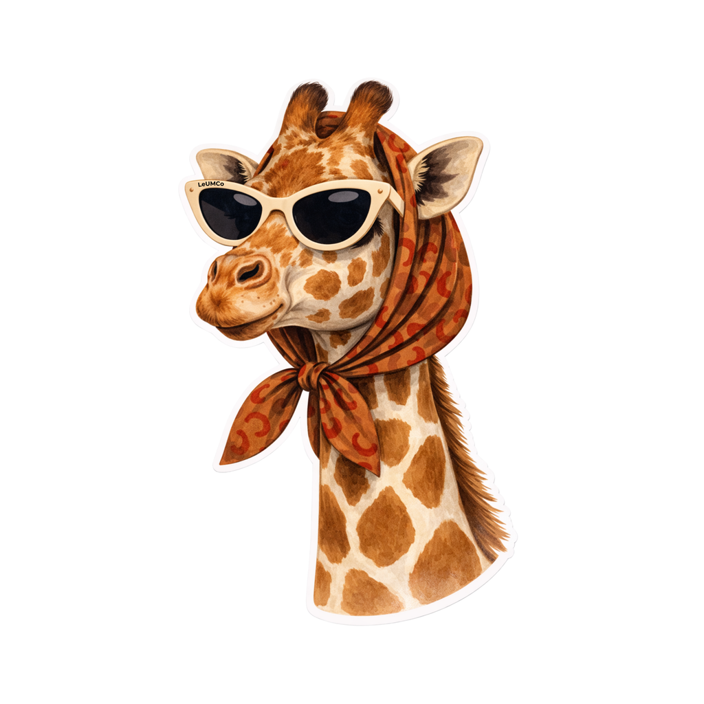 Giraffe head with sunglasses and a patterned scarf on a white background