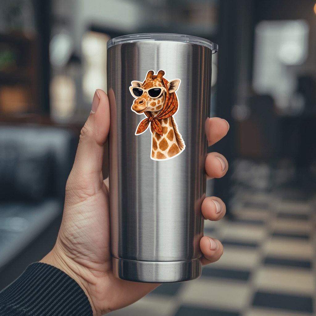 Hand holding a silver tumbler with a giraffe design wearing sunglasses and a bandana.