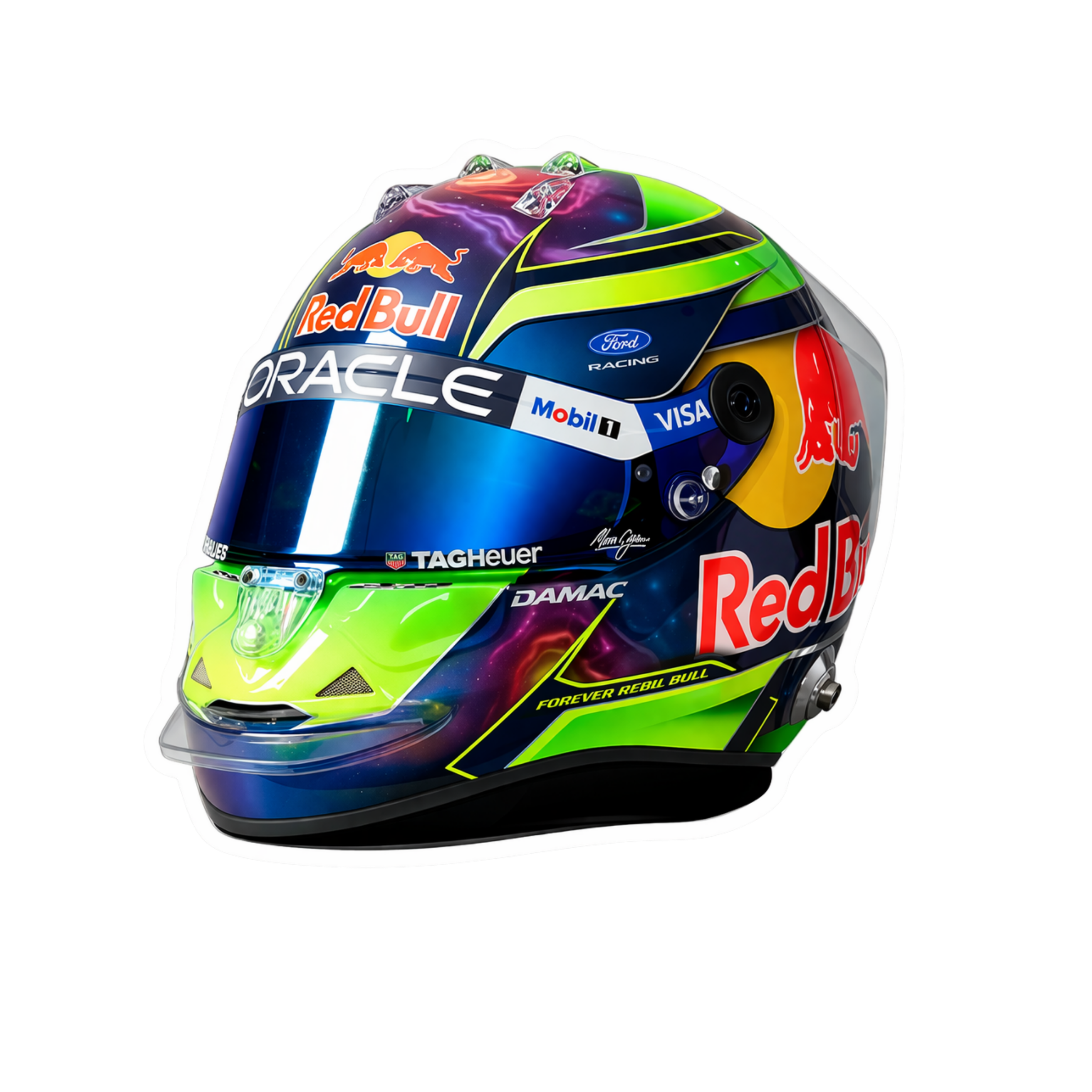 Colorful racing helmet with multiple brad logos on a white background