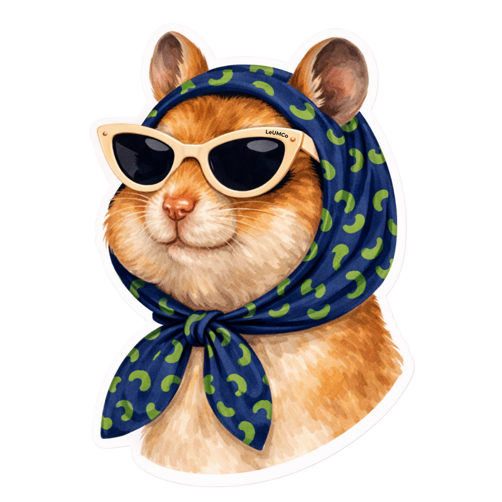 Illustration of a hamster wearing sunglasses and a bandana on a white background