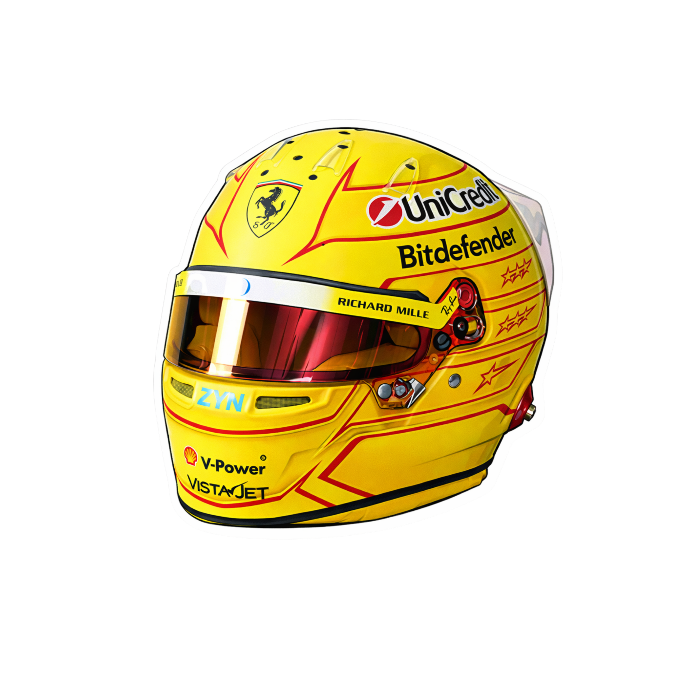 Yellow racing helmet with multiple brand logos on a white background