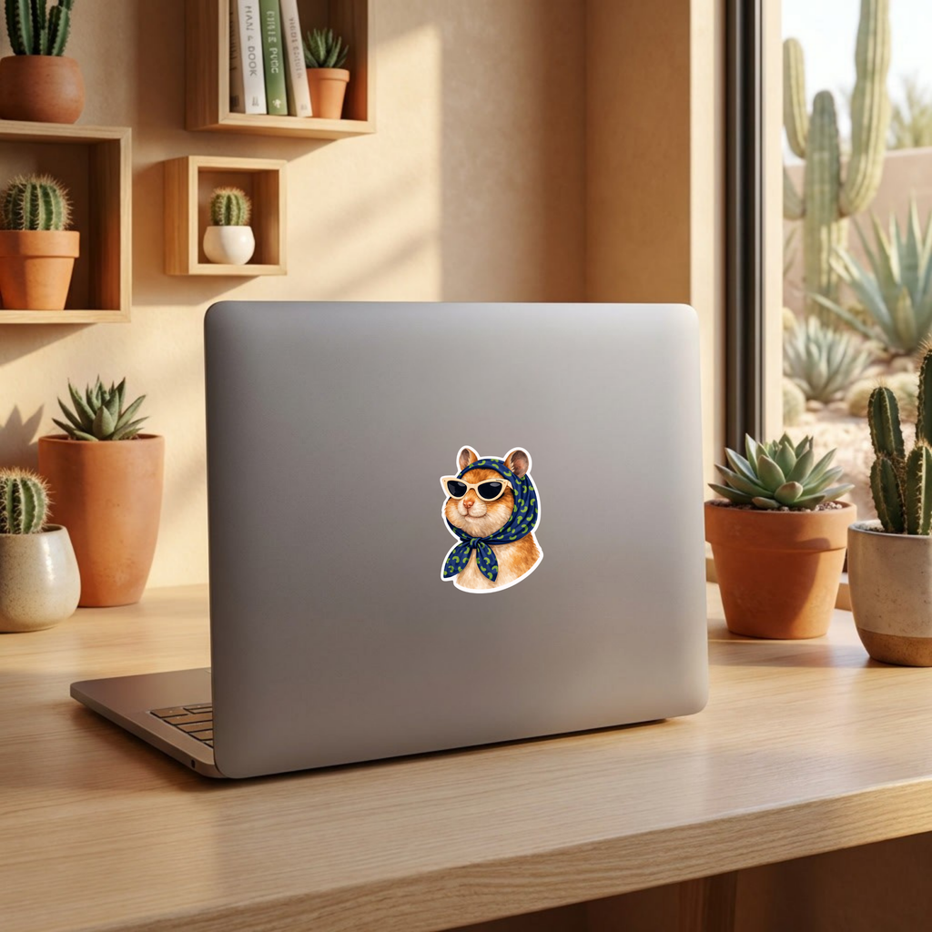 Laptop with a sticker of a cat wearing sunglasses and a scarf on a desk with cacti in the background.