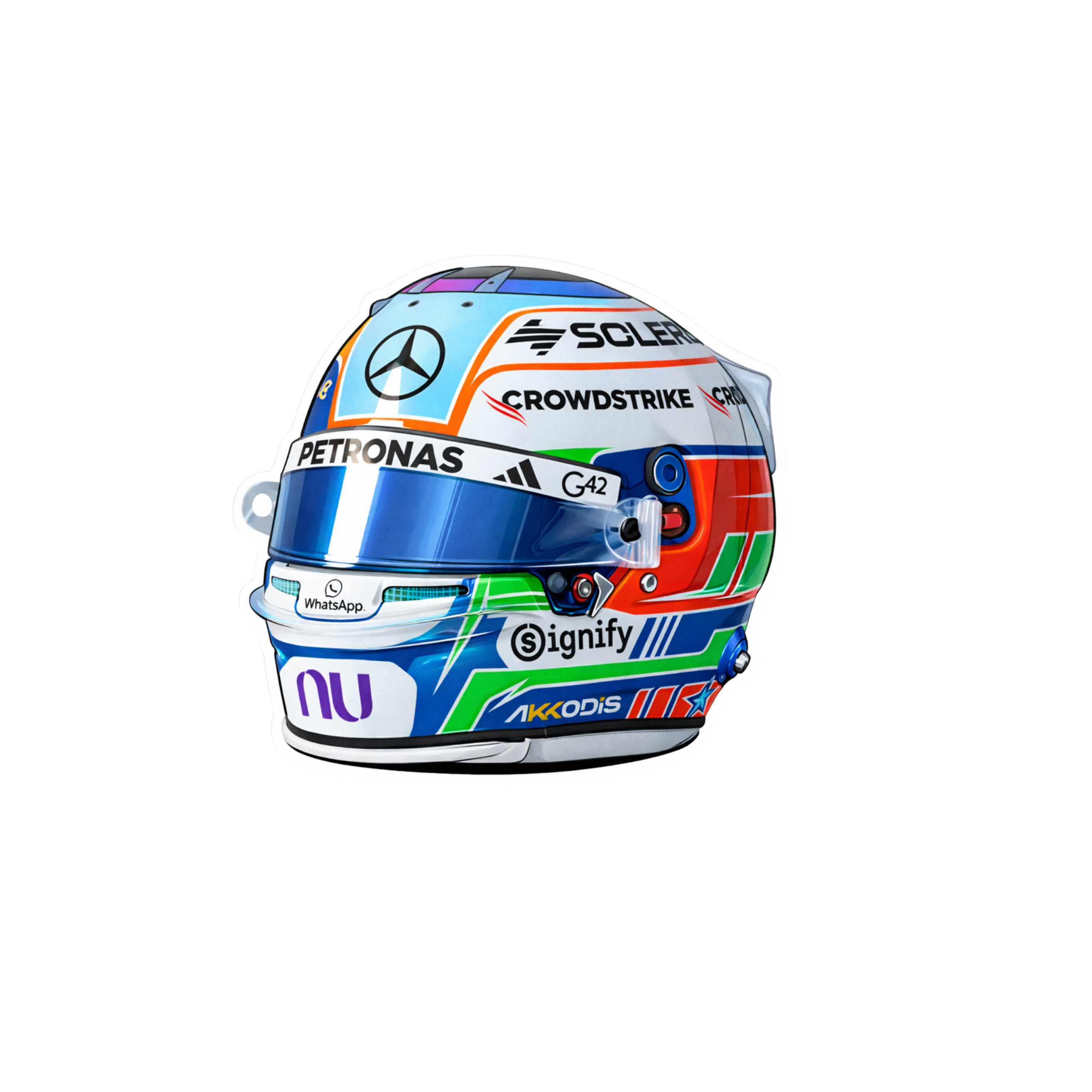 Colorful racing helmet with various sponsor logos on a white background