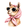 Llama wearing sunglasses and a pink bandana on a white background