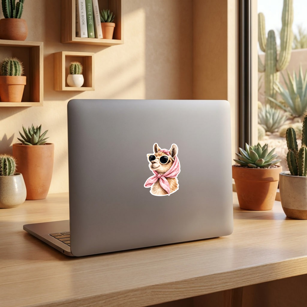 Laptop with a llama sticker on a desk surrounded by potted plants