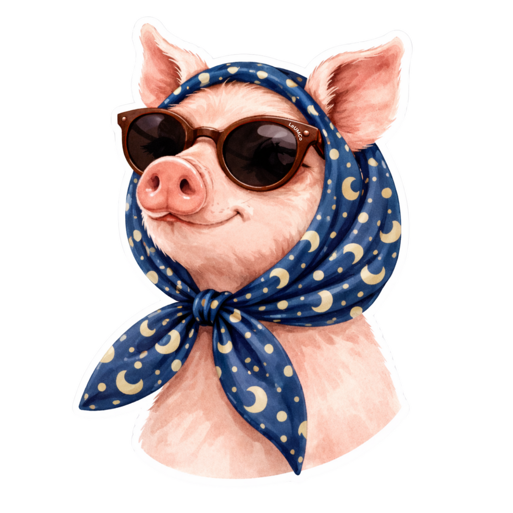 Illustration of a pig wearing sunglasses and a headscarf on a white background
