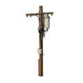 Wooden utility pole with electrical components on a white background