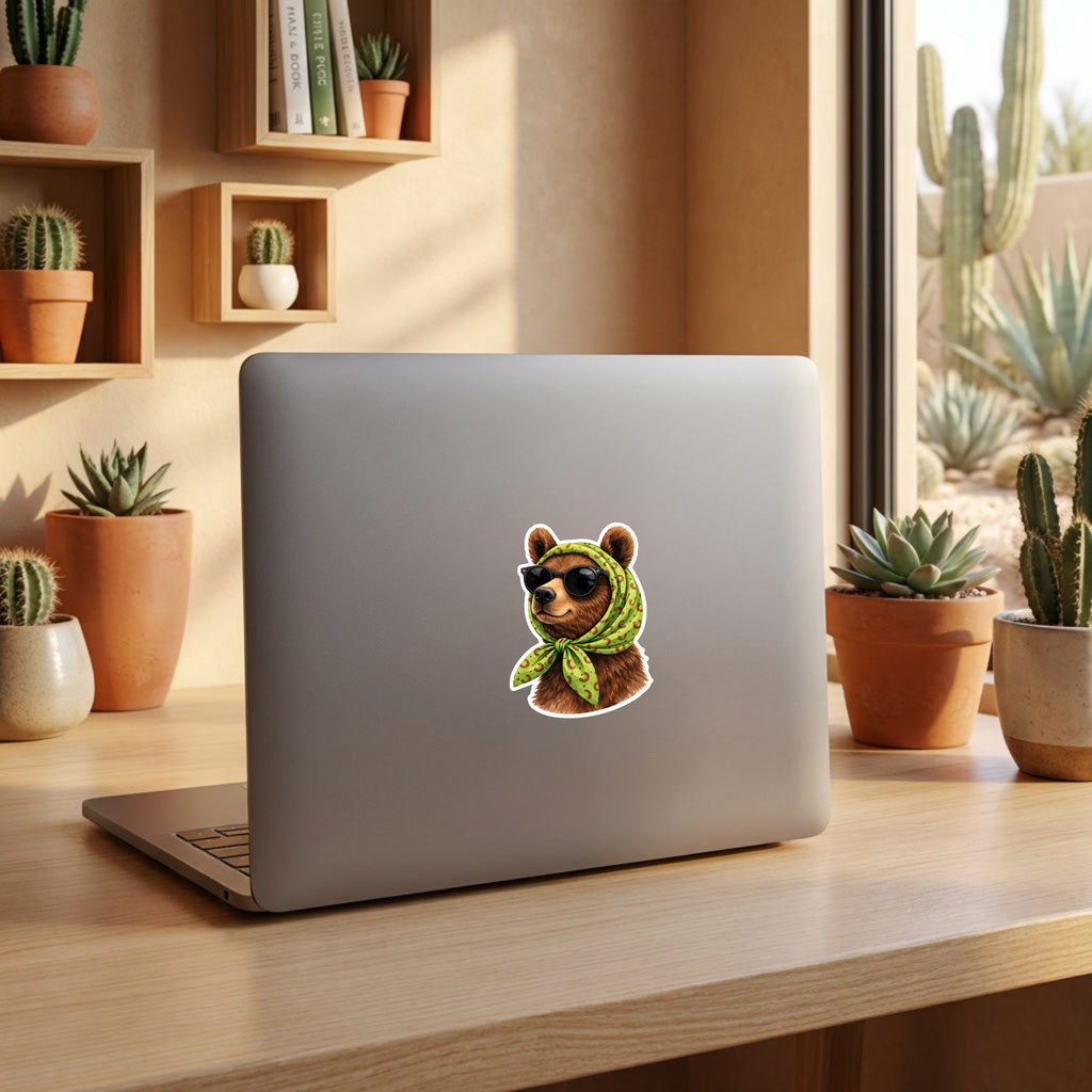 Laptop with a bear sticker on a wooden desk with cacti in the background