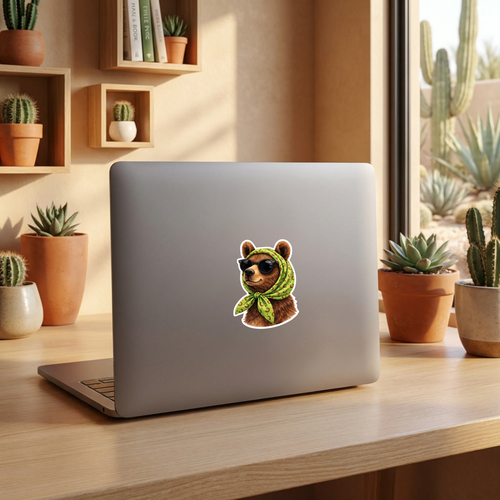 Laptop with a bear sticker on a wooden desk with cacti in the background