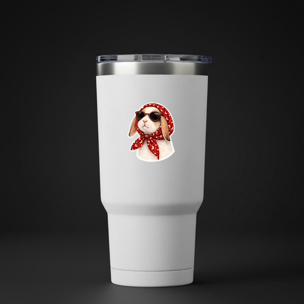 White tumbler with a rabbit wearing sunglasses and a red bandana on a black background