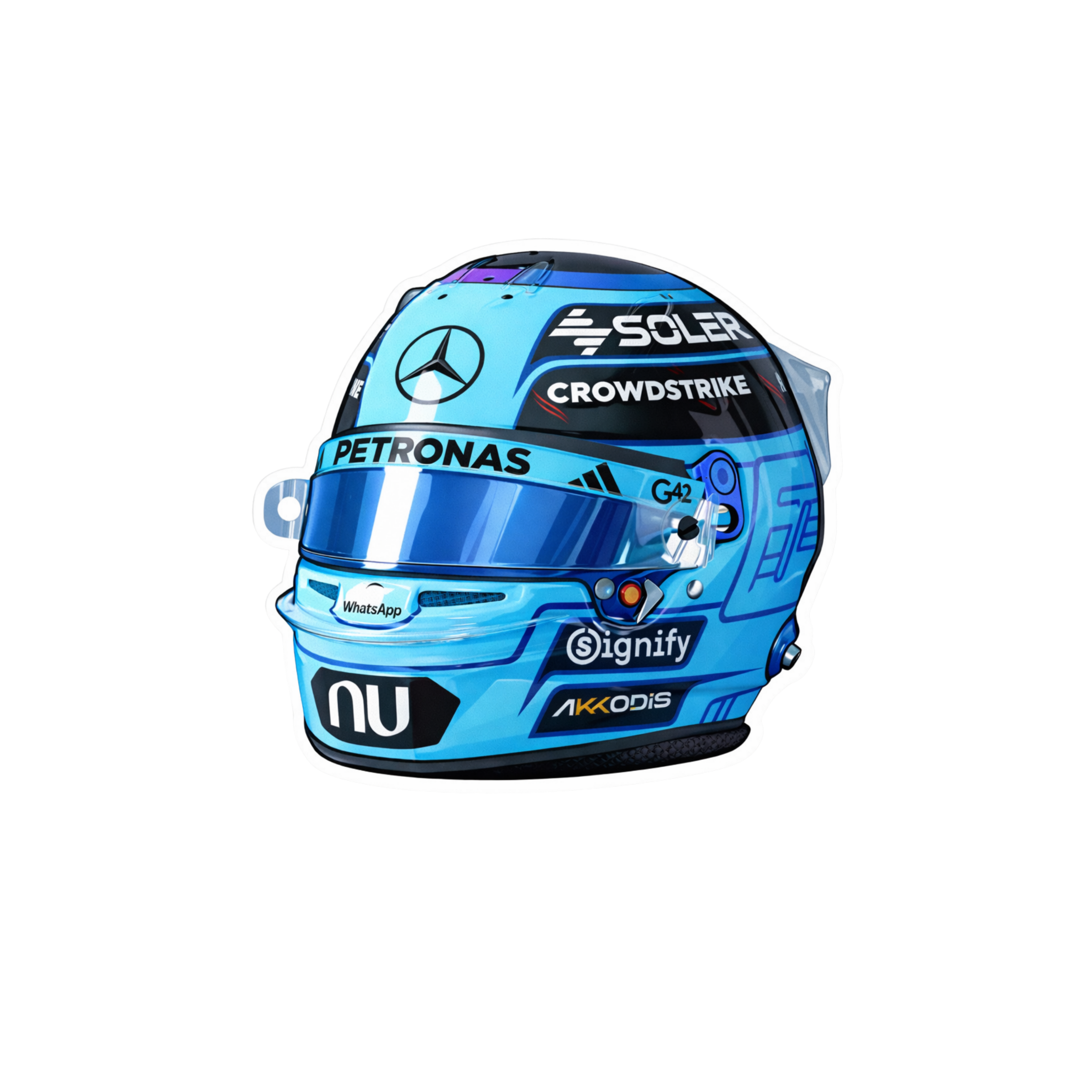 Blue racing helmet with various sponsor logos on a white background