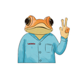 Cartoon frog character wearing a blue shirt with 'LeUMCo' logo, making a peace sign.