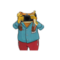 Cartoon character wearing a blue shirt, red pants, and yellow gloves holding a camera.