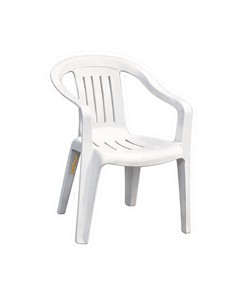 Silla blanca, logo amarillo, aestethic. chair
