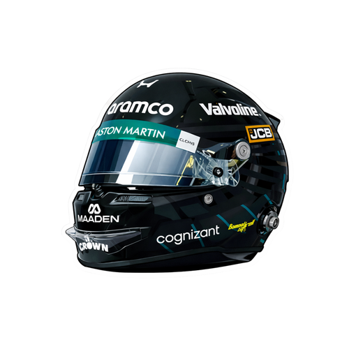 Black racing helmet with various sponsor logos on a white background