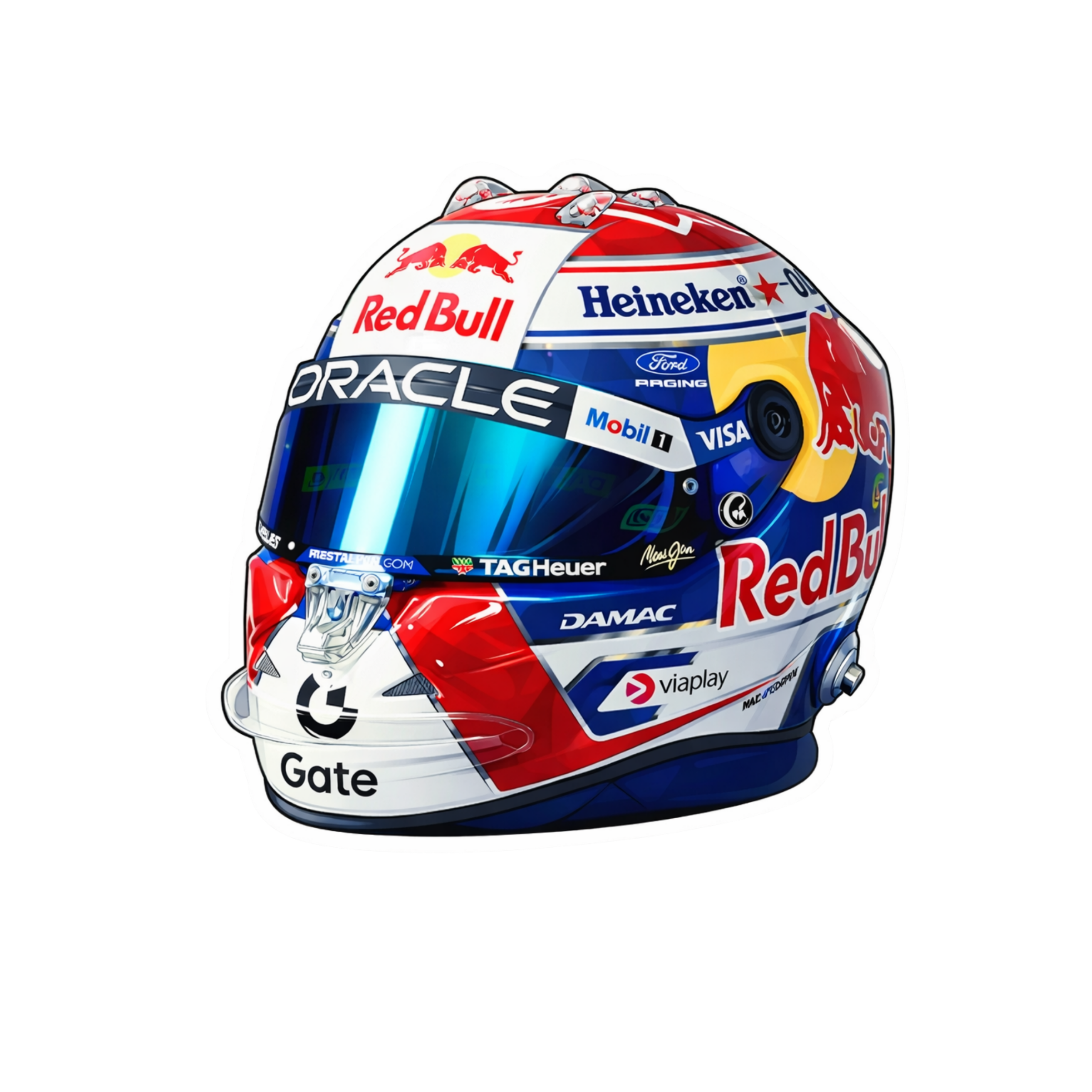 F1 driver's helmet with multiple brand logos on a white background